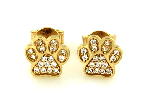 Kolczyki złote na sztyfcie psia łapa z cyrkoniami