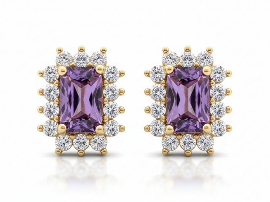 Kolczyki złote prostokątne na sztyfcie z ametystem syntetycznym