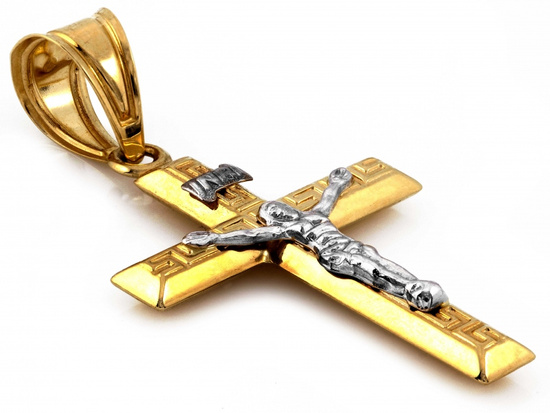 Złota zawieszka duży krzyżyk z białą pasyjką