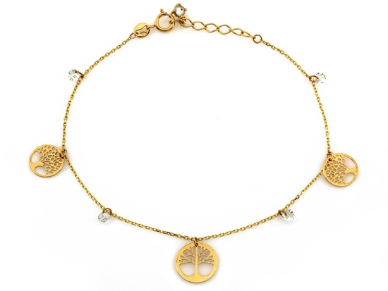 Złota bransoletka z trzema zawieszkami drzewka szczęścia