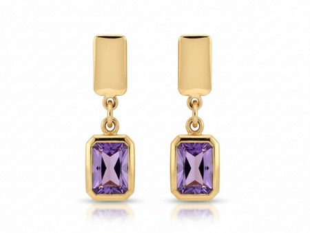 Delikatne złote kolczyki wiszące prostokątne z fioletowym kamieniem