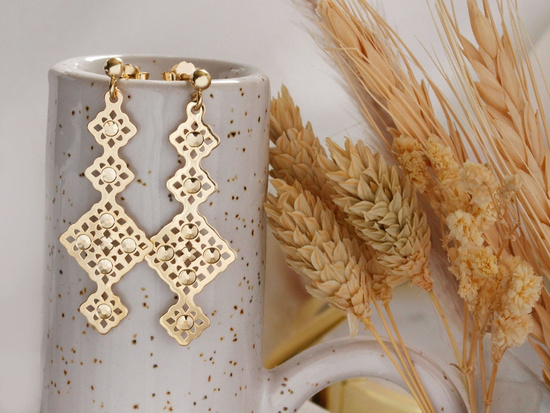 Kolczyki złote wiszące długie z modnych kwadratów