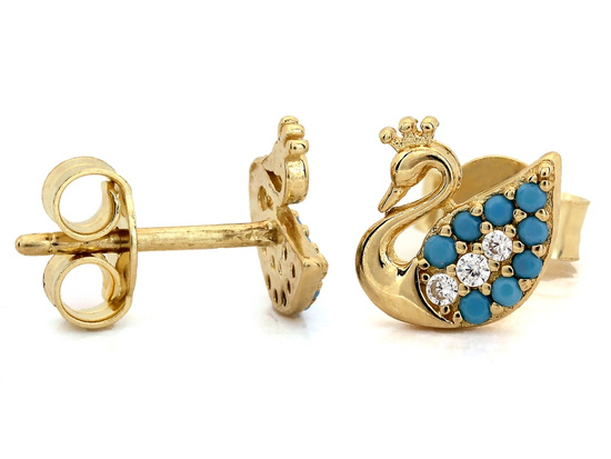 Kolczyki złote niebieski łabędź w koronie na sztyfcie