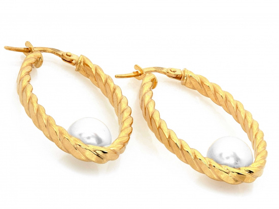 Złote koła owalne skręcone z perłą