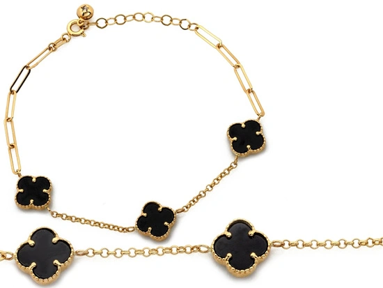 Bransoletka złota trzy czarne kwiatki kamienie syntetyczne
