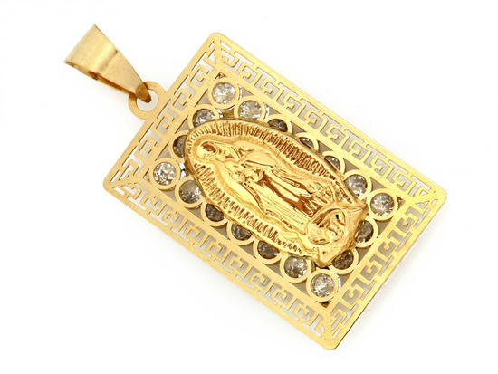 Medalik złoty prostokątny z cyrkoniami ażurowy z Matką Boską