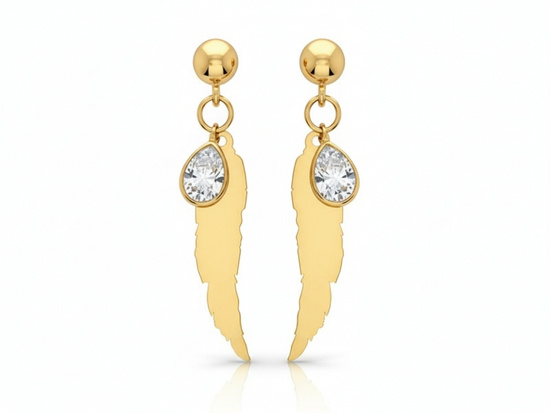 Kolczyki złote wiszące pióra na sztyfcie