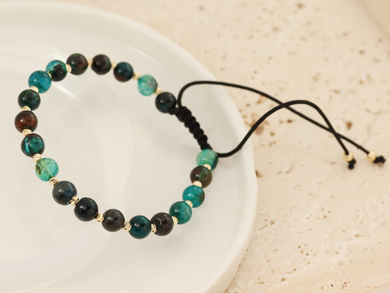 Bransoletka sznurkowa złote kulki ciemne kamienie