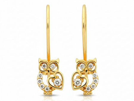 Kolczyki złote sowa z sercem na biglu z cyrkoniami