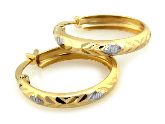 Kolczyki złote koła 18mm rodowane frezowane w jodełkę