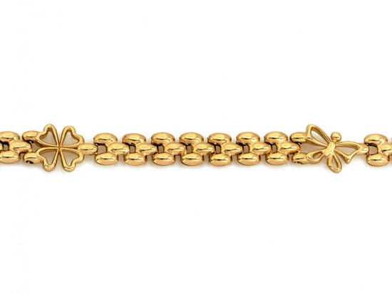 Oryginalna złota bransoletka elementowa z koniczynkami i motylkami