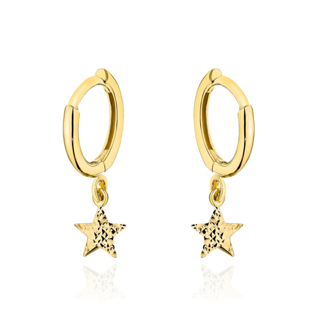 Złote kolczyki 585 kółeczka z diamentowanymi gwiazdkami