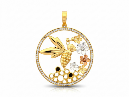 Zawieszka złota duża okrągła pszczoła kwiaty plastry miodu