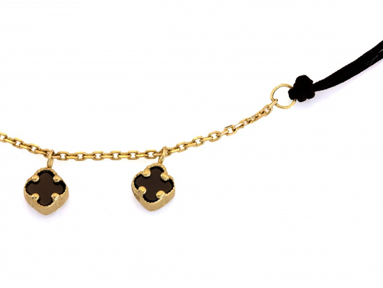 Bransoletka czarna sznurkowa złote kwiatki z czarnymi kamieniami