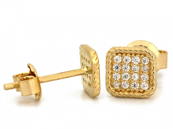 Kolczyki złote kwadraty z cyrkoniami na sztyfcie