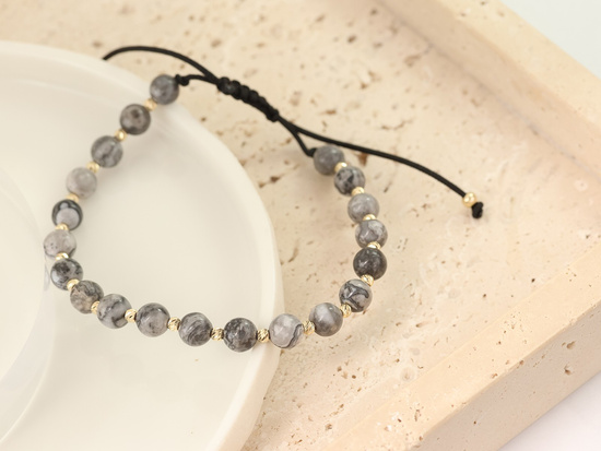 Bransoletka złote kulki i marmurkowe kamienie na czarnym sznurku