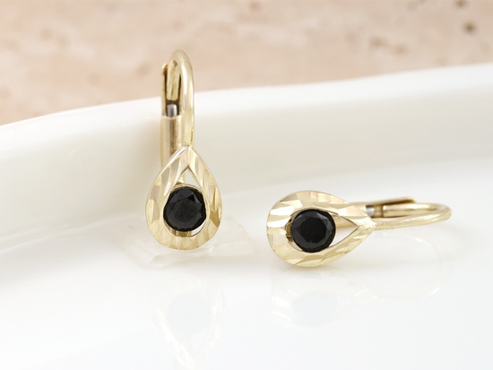Kolczyki złote angielskie delikatne kropla z onyksem