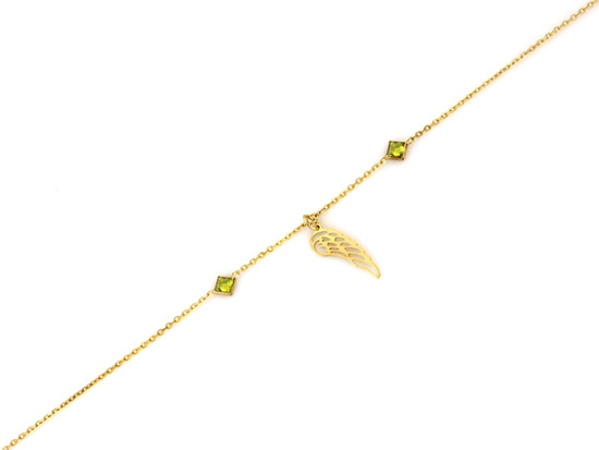 Złota bransoletka ze skrzydłem i zielonymi kamieniami