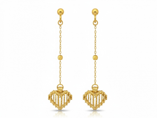 Kolczyki złote wiszące na długim łańcuszku z ażurowym sercem