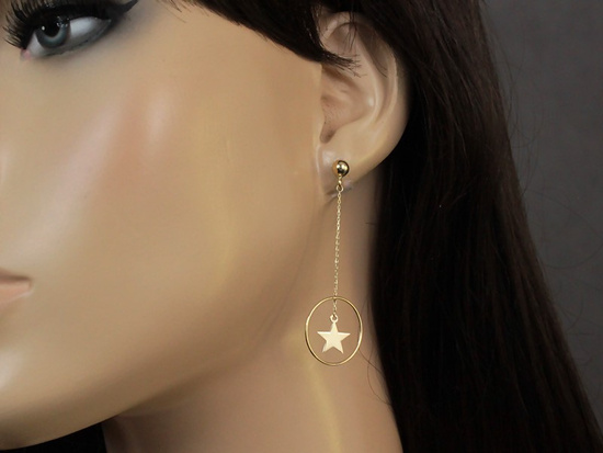 Kolczyki złote koła na łańcuszku z gwiazdą sztyfty