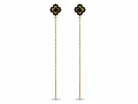 Złote kolczyki przeciągane kwiatki z czarnymi cyrkoniami