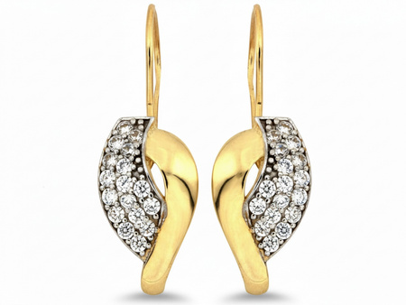 Kolczyki złote na biglu rodowane białym złotem z cyrkoniami