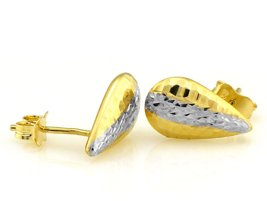 Kolczyki łezki z białego i żółtego złota na sztyfcie