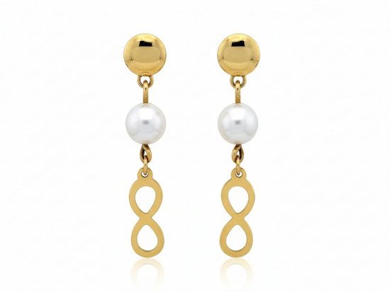 Kolczyki złote delikatne wiszące z perłą nieskończonością 