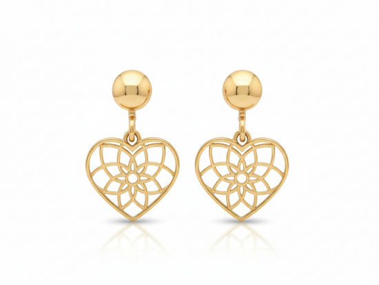 Kolczyki złote wiszące ażurowe serca na sztyfcie