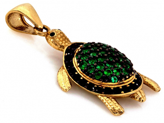 Zawieszka złota żółw z czarnymi i zielonymi cyrkoniami