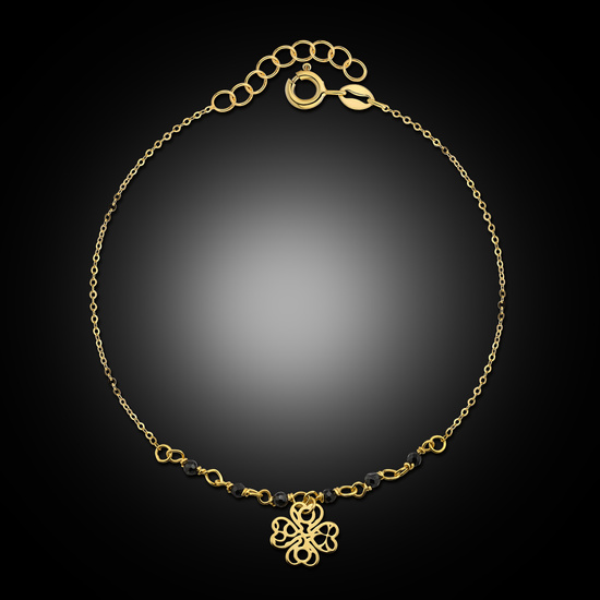 Złota bransoletka 585 ażurowa koniczynka z kulkami z onyksu