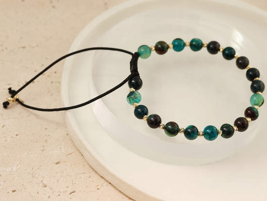 Bransoletka sznurkowa złote kulki ciemne kamienie