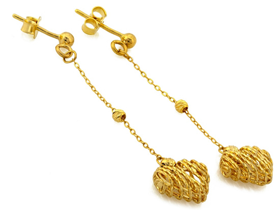 Kolczyki złote wiszące na długim łańcuszku z ażurowym sercem