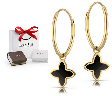 Złote kolczyki koła 585 z masą onyksową - kwiatuszki