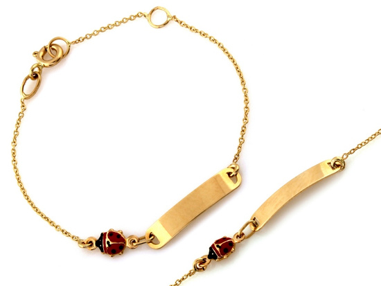 Złota bransoletka z blaszką pod grawer dla dziewczynki z biedronką