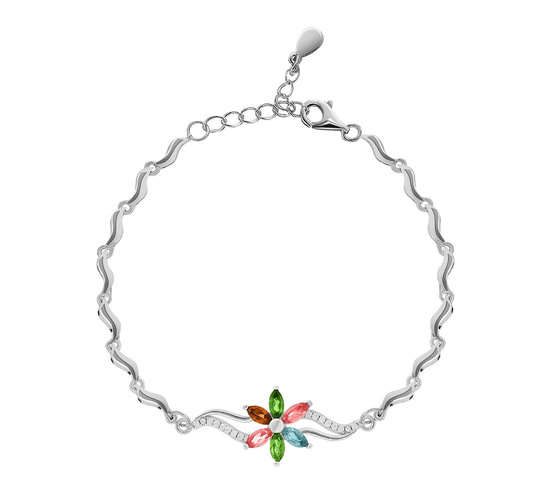 Bransoletka srebrna 925 z 6 naturalnymi turmalinami i diamentowymi cyrkoniami - kwiat