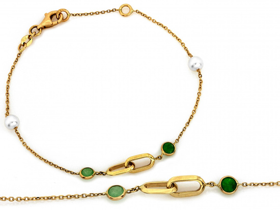 Złota bransoletka z perłami i zielonymi kamieniami