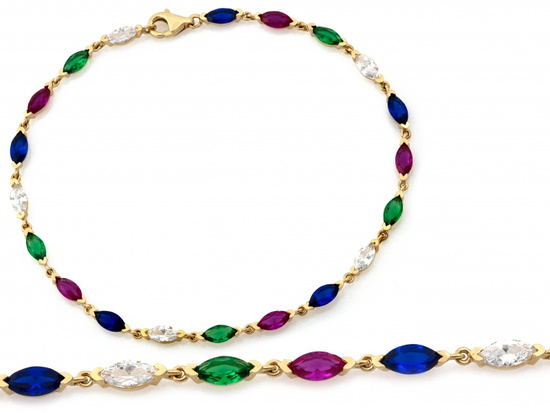 Złota bransoletka z kolorowymi cyrkoniami