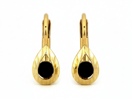 Kolczyki złote angielskie delikatne kropla z onyksem