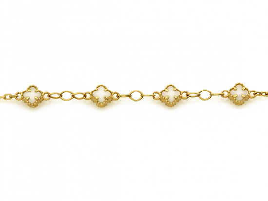 Bransoletka złota łańcuszkowa małe kwiatki z masą perłową