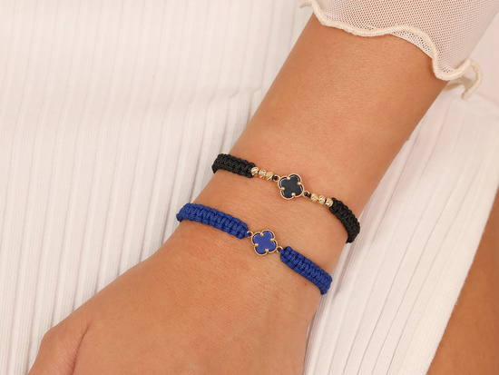 Bransoletka złota modny kwiatek i złote kulki na czarnym sznurku