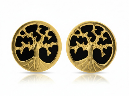 Złote kolczyki na sztyfcie z drzewkiem szczęścia na czarnym tle
