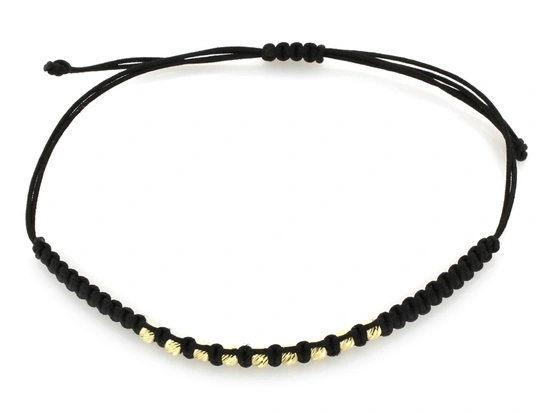 Bransoletka złote frezowane kulki na czarnym sznurku