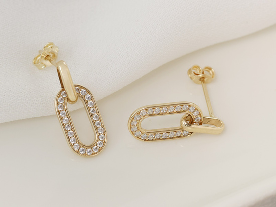 Kolczyki złote owalne z cyrkoniami na sztyfcie