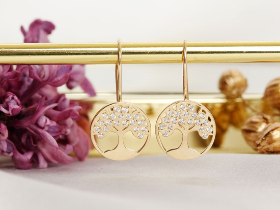 Kolczyki złote na biglu z drzewkiem szczęścia z cyrkoniami