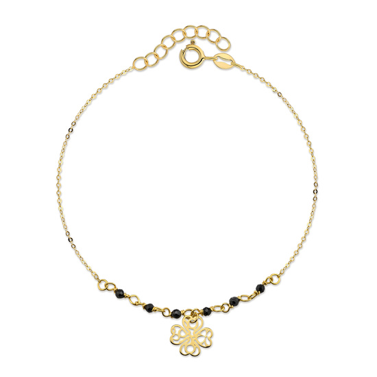 Złota bransoletka 585 ażurowa koniczynka z kulkami z onyksu