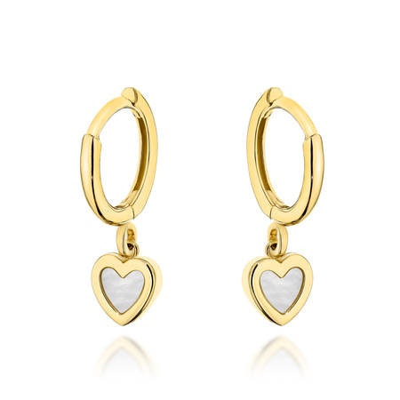 Złote kolczyki 585 kółeczka z serduszkami z masą perłową