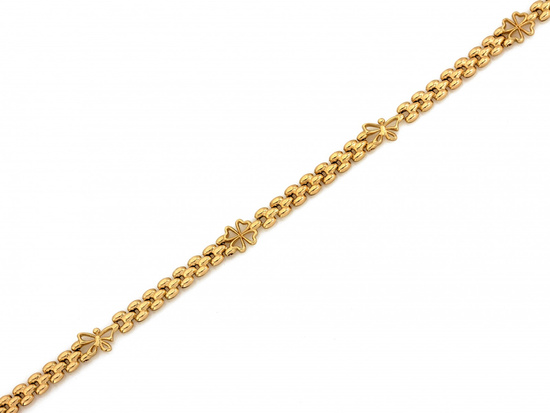 Oryginalna złota bransoletka elementowa z koniczynkami i motylkami