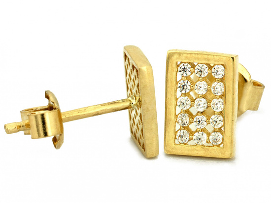 Kolczyki złote prostokątne z cyrkoniami na sztyfcie przy uchu