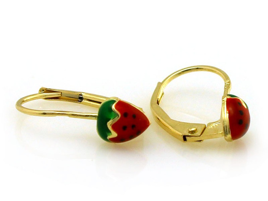 Kolczyki złote truskawki z kolorową emalią